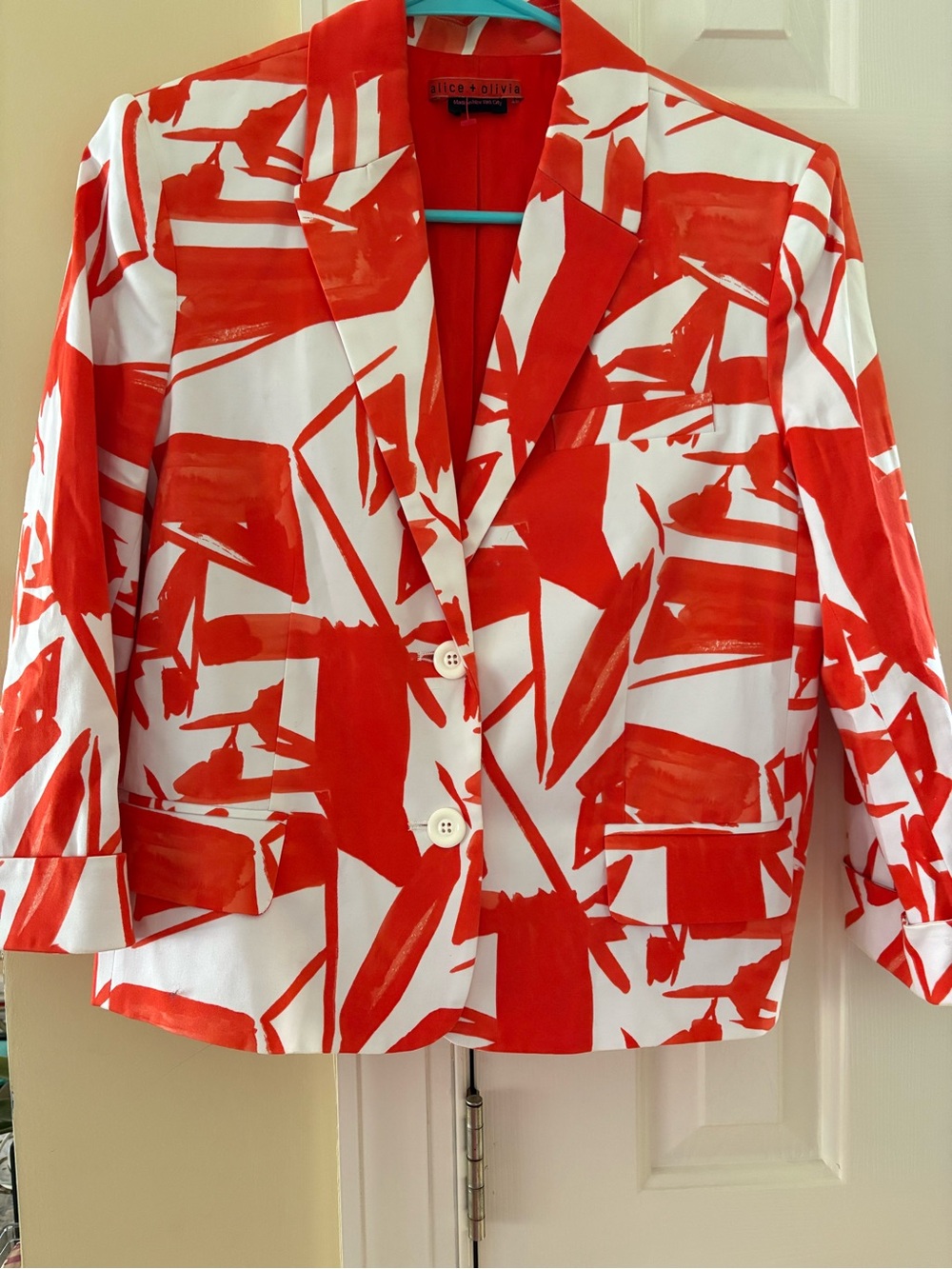 Alice + Olivia White Blazer with Bold Red/Orange Abstract Print